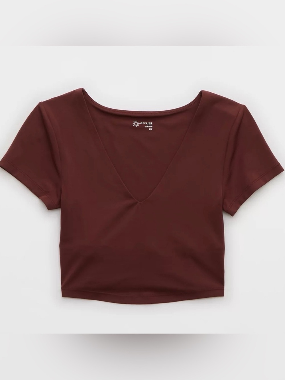 OFFLINE By Aerie Real Me Athleisure V Neck Brown Crop T Shirt w/built in bra